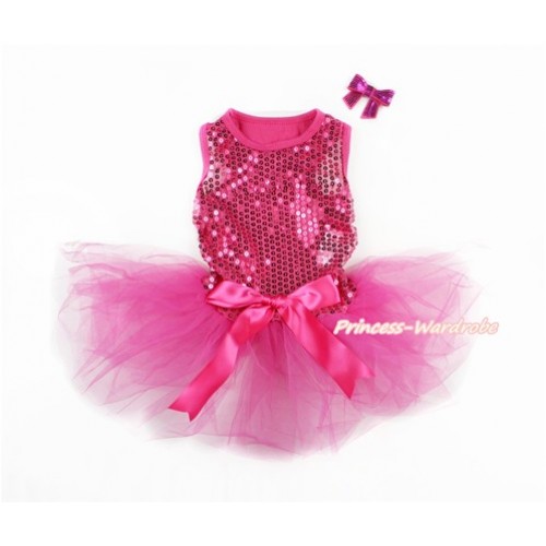 Sparkle Sequins Hot Pink Sleeveless Hot Pink Bow Gauze Skirt Pet Dress & Hot Pink Sparkle Sequins Bow DC068 