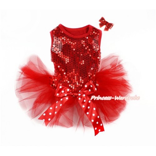 Sparkle Sequins Red Sleeveless Minnie Dots Bow Gauze Skirt Pet Dress & Red Sparkle Sequins Bow DC069 