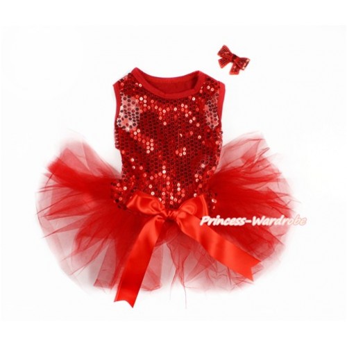 Sparkle Sequins Red Sleeveless Red Bow Gauze Skirt Pet Dress & Red Sparkle Sequins Bow DC070 