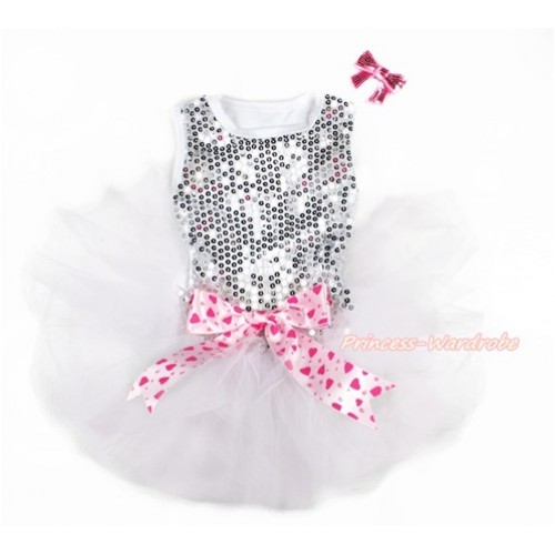 Sparkle Sequins White Sleeveless Light Hot Pink Heart Bow Gauze Skirt Pet Dress & Light Pink Sparkle Sequins Bow DC072 