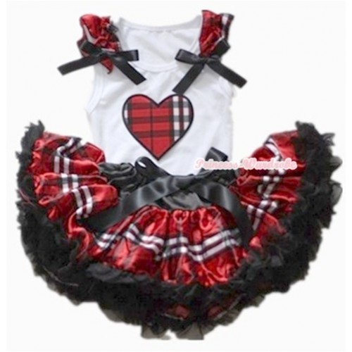White Baby Pettitop with Red Black Checked Heart Print with Red Black Checked Ruffles & Black Bows with Red Black Checked Newborn Pettiskirt NN40 