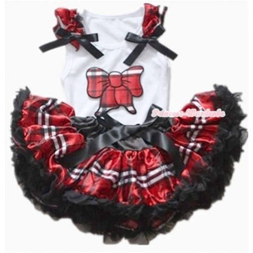 White Baby Pettitop with Red Black Checked Butterfly Print with Red Black Checked Ruffles & Black Bows with Red Black Checked Newborn Pettiskirt NN41 