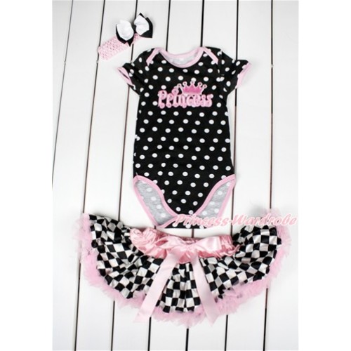 Black White Polka Dots Baby Jumpsuit with Princess Print with Light Pink Black White Checked Newborn Pettiskirt With Light Pink Headband White Black Ribbon Bow JN06 