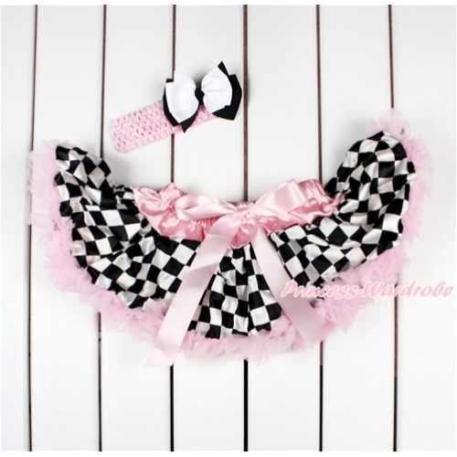 Light Pink Black White Checked Newborn Pettiskirt & Light Pink Headband White Black Ribbon N207 