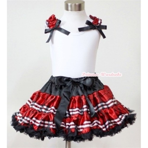 White Tank Top With Red Black Checked Ruffles & Black Bows With Red Black Checked Pettiskirt MN093 