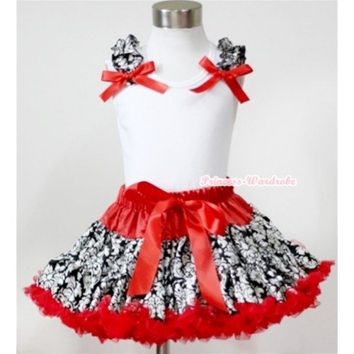 White Tank Top With Damask Ruffles & Red Bows With Red Damask Pettiskirt MN094 