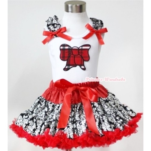 White Tank Top with Red Black Checked Butterfly Print with Damask Ruffles & Red Bow& Red Damask Pettiskirt MG352 