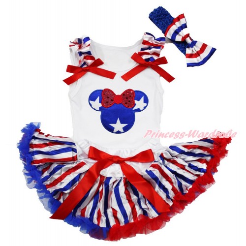 American's Birthday White Baby Pettitop with Red White Blue Striped Ruffles & Red Bows with Patriotic American Star Minnie Print & Red White Royal Blue Striped Newborn Pettiskirt & Royal Blue Headband Red White Blue Striped Satin Bow NG1483