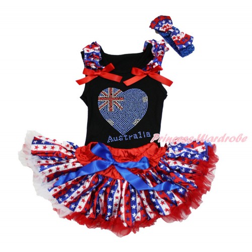 Black Baby Pettitop with Red White Blue Striped Star Ruffles & Red Bows with Sparkle Bling Rhinestone Australia Heart Print & Red White Blue Striped Star Newborn Pettiskirt &Royal Blue Headband Red White Blue Striped Star Satin Bow NG1495