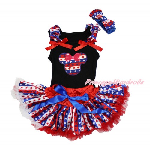  American's Birthday Black Baby Pettitop with Red White Blue Striped Star Ruffles & Red Bows with Red White Blue Striped Star Minnie & Red White Blue Striped Star Newborn Pettiskirt & Blue Headband Red White Blue Striped Star Satin Bow NG1499
