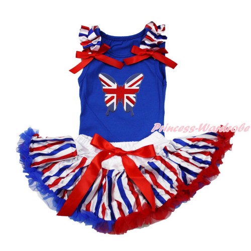 American's Birthday Royal Blue Baby Pettitop with Red White Royal Blue Striped Ruffles & Red Bows with Patriotic British Butterfly Print with Red White Royal Blue Striped Newborn Pettiskirt NG1502