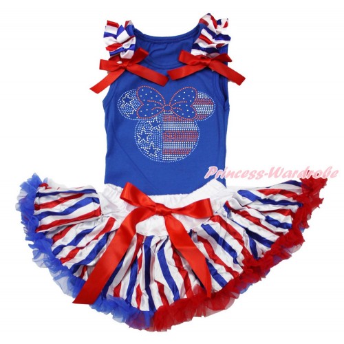 American's Birthday Royal Blue Baby Pettitop with Red White Royal Blue Striped Ruffles & Red Bows with Sparkle Crystal Bling Rhinestone 4th July Minnie Print with Red White Royal Blue Striped Newborn Pettiskirt NG1505