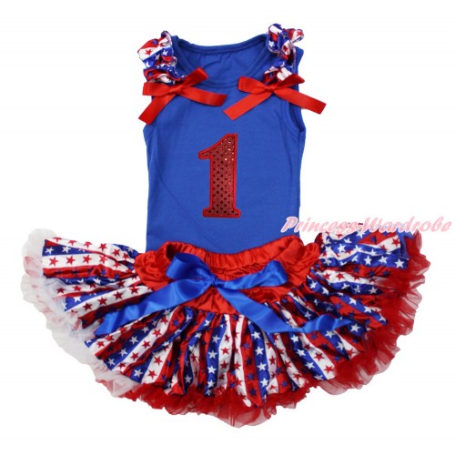American's Birthday Royal Blue Baby Pettitop with Red White Blue Striped Star Ruffles & Red Bows with 1st Sparkle Red Birthday Number Print with Red White Blue Striped Star Newborn Pettiskirt NG1510