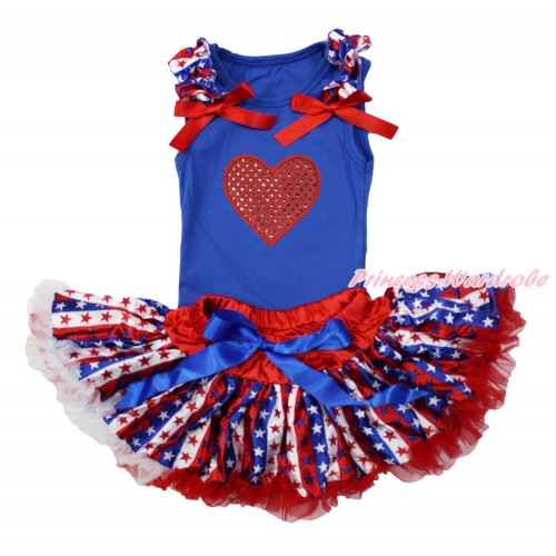 American's Birthday Royal Blue Baby Pettitop with Red White Blue Striped Star Ruffles & Red Bows with Sparkle Red Heart Print with Red White Blue Striped Star Newborn Pettiskirt NG1511