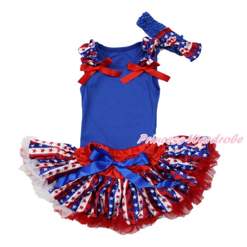 American's Birthday Royal Blue Baby Pettitop & Red White Blue Striped Star Ruffles & Red Bow with Red White Blue Striped Star Newborn Pettiskirt With Royal Blue Headband Red White Blue Striped Star Satin Bow NG1514