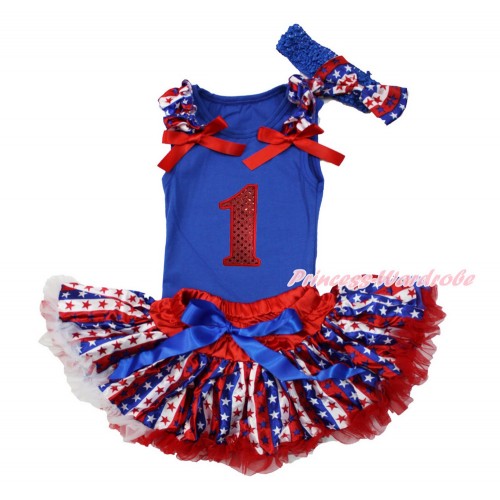 American's Birthday Royal Blue Baby Pettitop with Red White Blue Striped Star Ruffles & Red Bows with 1st Sparkle Red Birthday Number & Red White Blue Striped Star Newborn Pettiskirt & Blue Headband Red White Blue Striped Star Satin Bow NG1523